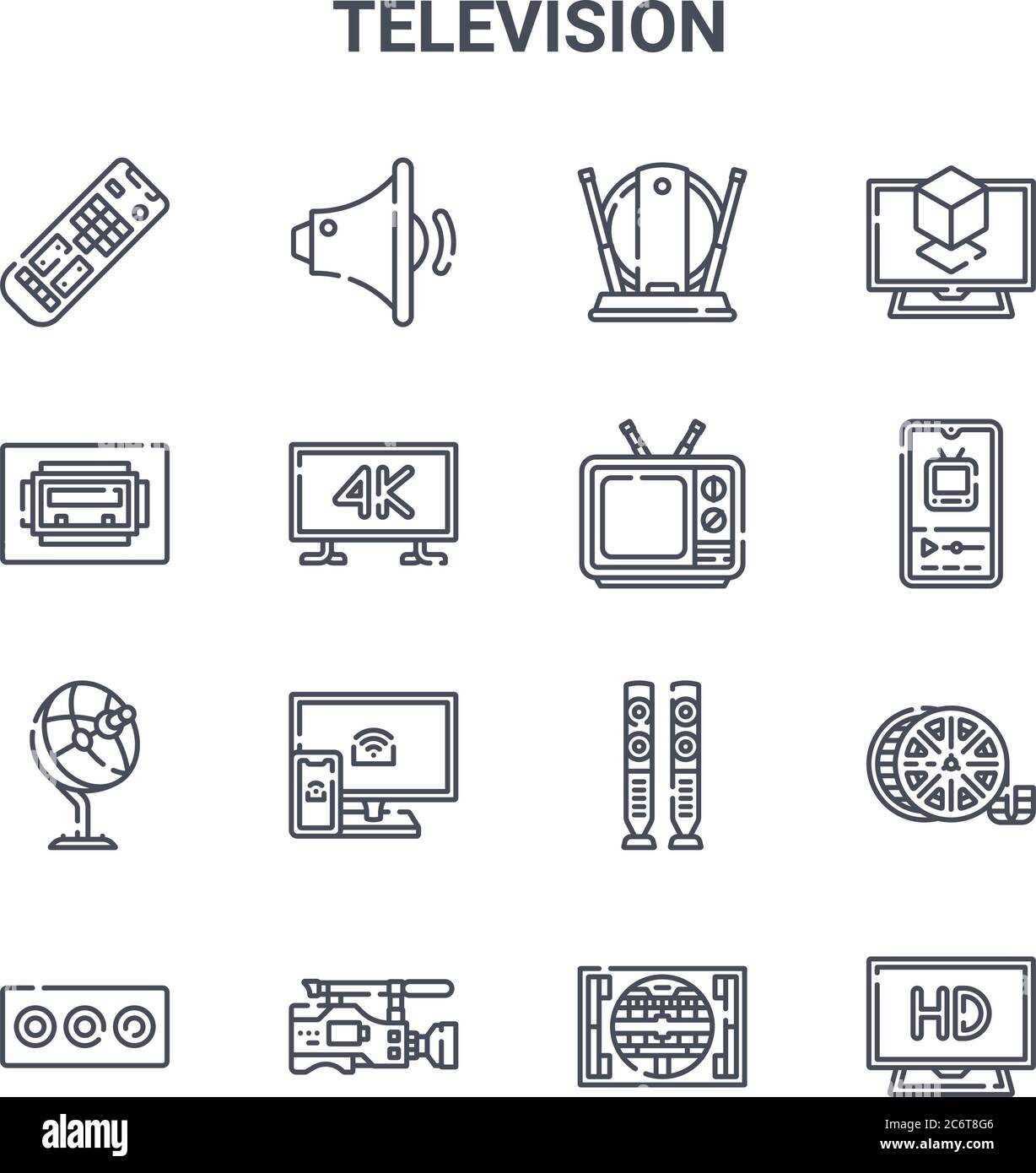 ensemble de 16 icônes de ligne vectorielle de concept de télévision. icônes à trait fin 64 x 64, telles que réduction du volume, port usb, smartphone, haut-parleurs, caméra vidéo, hd, test ca Illustration de Vecteur