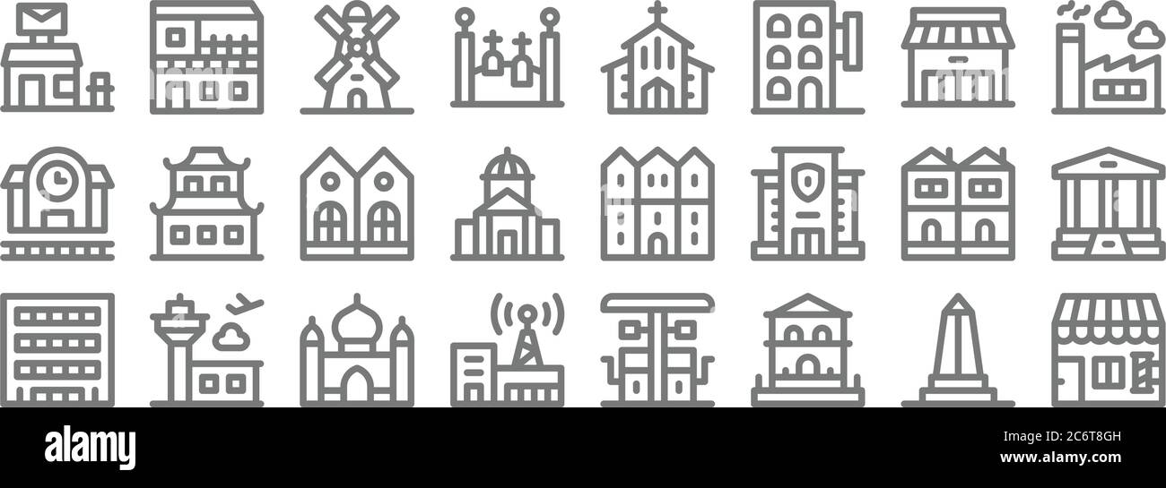 icônes de la ligne de construction urbaine. ensemble linéaire. ensemble de lignes de vecteur de qualité telles que salon de coiffure, maison, maison, maison en terrasse, chambre double, usine, église, appartement Illustration de Vecteur