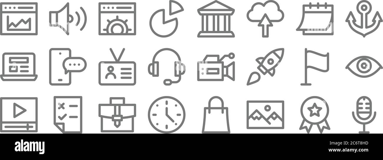 icônes de ligne de marketing numérique. set linéaire. ensemble de ligne de vecteur de qualité tel que microphone, paysage, horloge, lecteur vidéo, drapeau, carte d'identité, ancre, banque, sou Illustration de Vecteur