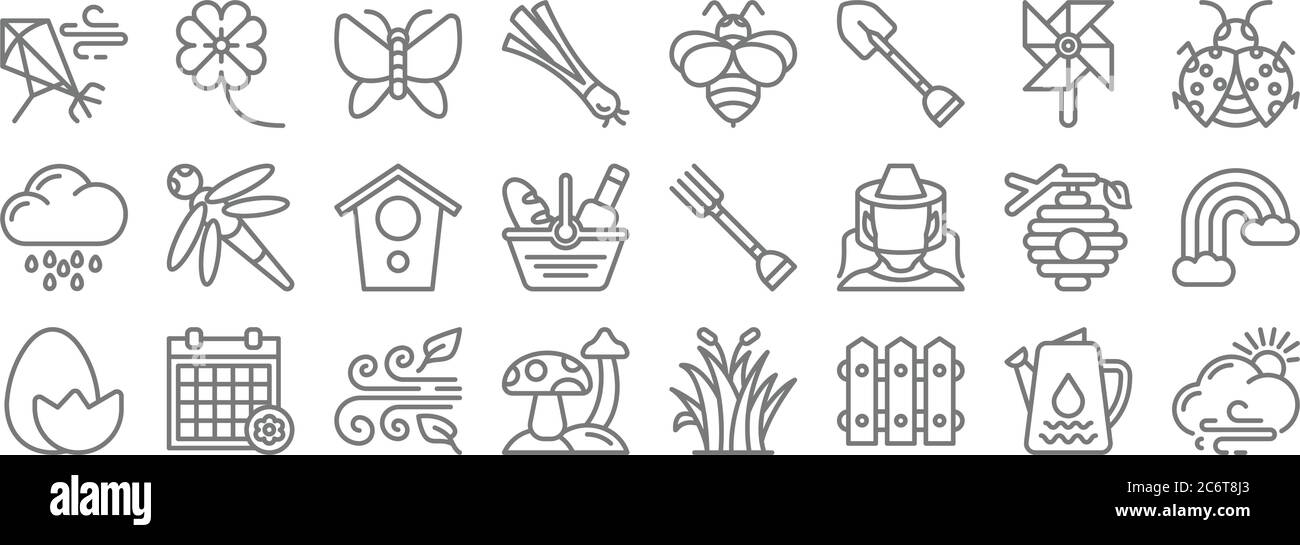 icônes de la ligne de ressort. ensemble linéaire. ensemble de lignes de vecteur de qualité telles que le ciel nuageux, la clôture, le champignon, l'oeuf, la ruche, la maison d'oiseau, le bogue, l'abeille, les fleurs Illustration de Vecteur icônes de la ligne de ressort. ensemble linéaire. ensemble de lignes de vecteur de qualité telles que le ciel nuageux, la clôture, le champignon, l'oeuf, la ruche, la maison d'oiseau, le bogue, l'abeille, les fleurs Illustration de Vecteur