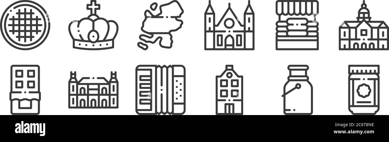 12 ensembles d'icônes linéaires de hollande. icônes à contour fin telles que spéculoos, hollande, rijksmuseum, marché du fromage, hollande, couronne pour le web, mobile Illustration de Vecteur