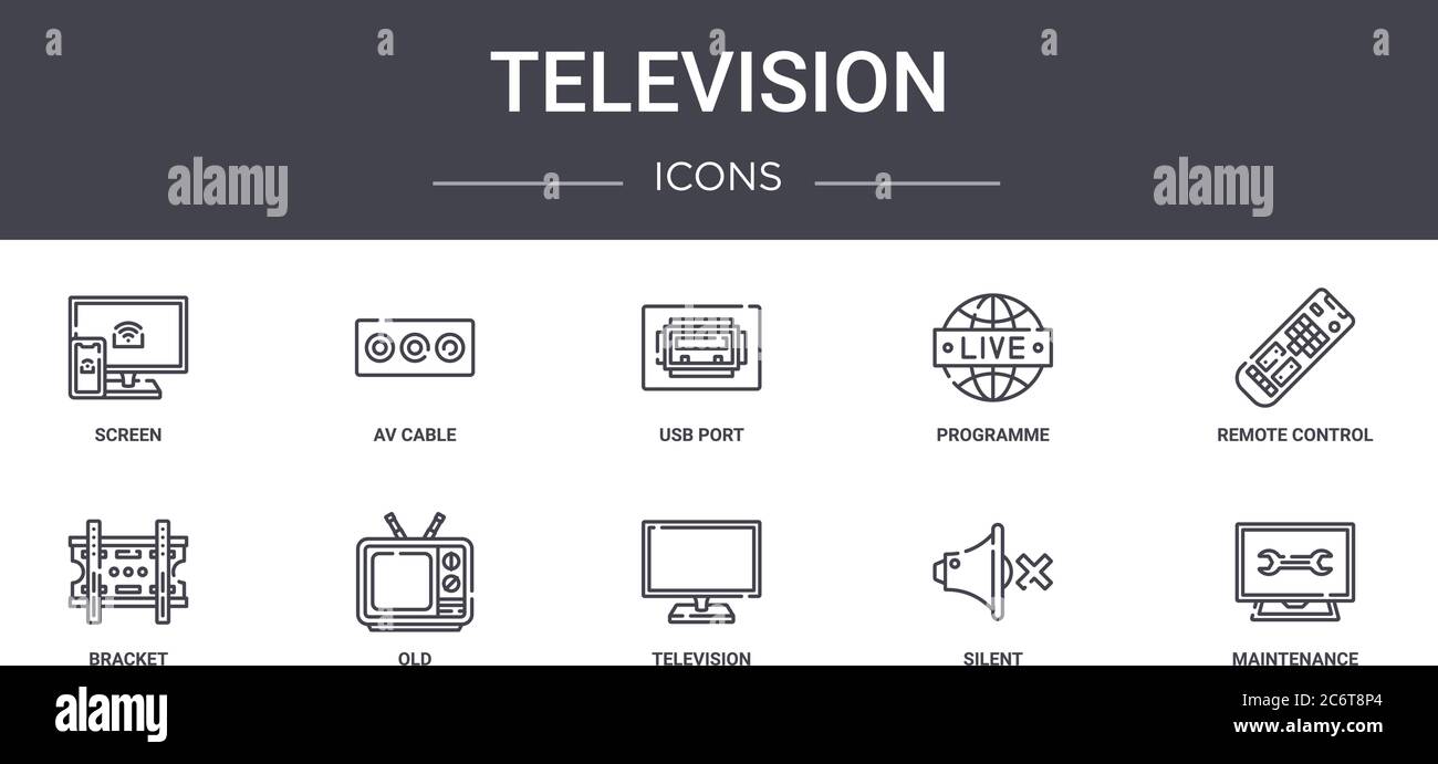 ensemble d'icônes de ligne de concept de télévision. contient des icônes utilisables pour le web, le logo, l'interface utilisateur/ux, comme le câble av, le programme, le support, la télévision, le silence, la maintenance, r Illustration de Vecteur