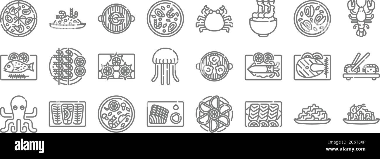 icônes de la ligne de fruits de mer. set linéaire. ensemble de lignes vectorielles de qualité telles que les pâtes, sashimi, sashimi, poulpe, poisson, oursin, homard, crabe, riz frit Illustration de Vecteur