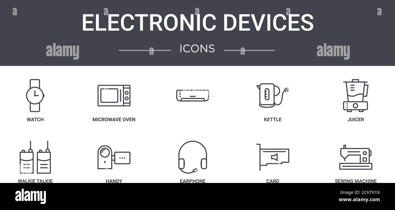 jeu d'icônes de ligne de concept d'appareils électroniques. contient des icônes utilisables pour le web, le logo, l'interface utilisateur/ux comme un four à micro-ondes, une bouilloire, un talkie-walkie, un écouteur, une carte, s Illustration de Vecteur