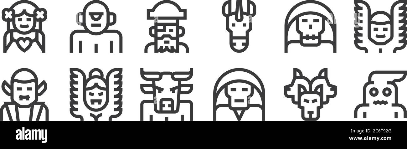 12 ensemble de personnages linéaires fantastiques icônes. des icônes de contour mince comme le bogeyman, necromancer, harpy, mort, pirate, cyclops pour le web, mobile Illustration de Vecteur