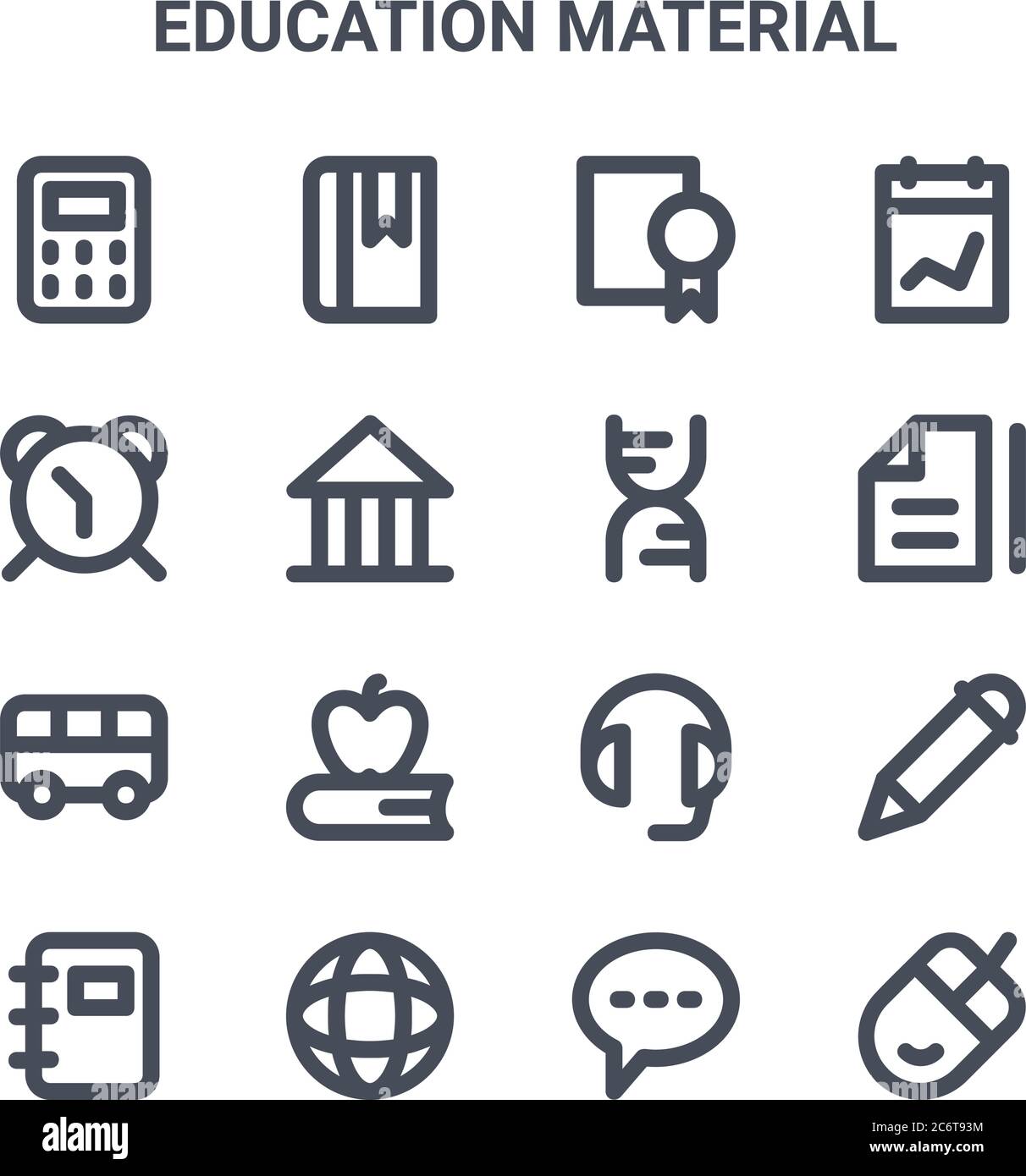 ensemble de 16 icônes de lignes vectorielles de concept de matériel éducatif. icônes 64x64 à traits fins telles que signet, réveil, fichier, casque, globe, souris, bouton de chat Illustration de Vecteur