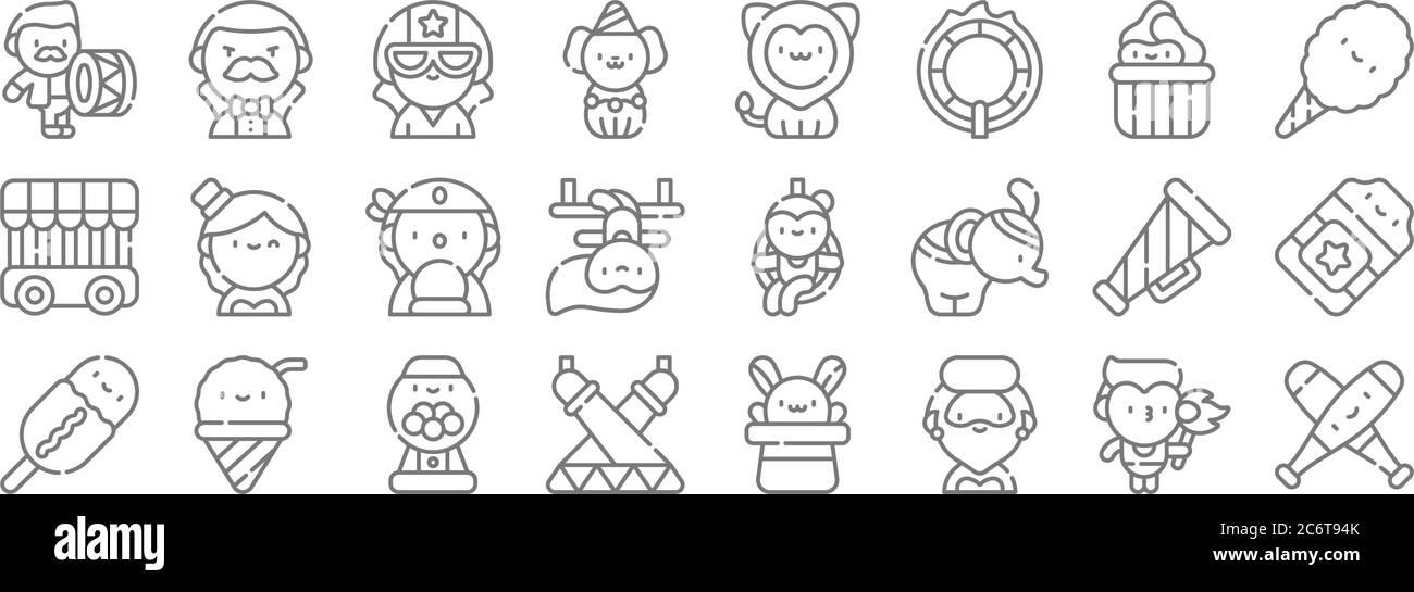 icônes de la ligne de cirque. ensemble linéaire. ensemble de lignes vectorielles de qualité telles que jonglerie, femme barbu, scène, chien de maïs, mégaphone, caller de fortune, bonbons de coton, lion Illustration de Vecteur