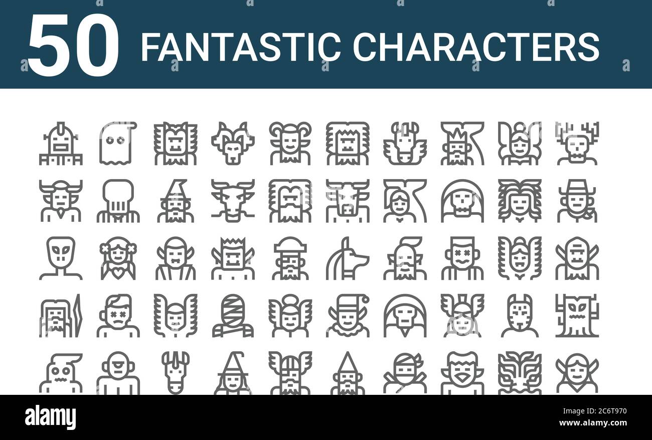 ensemble de 50 icônes de caractères fantastiques. contour des icônes de ligne mince telles que elf, bogeyman, zeus, alien, daemon, ghost, anubis Illustration de Vecteur