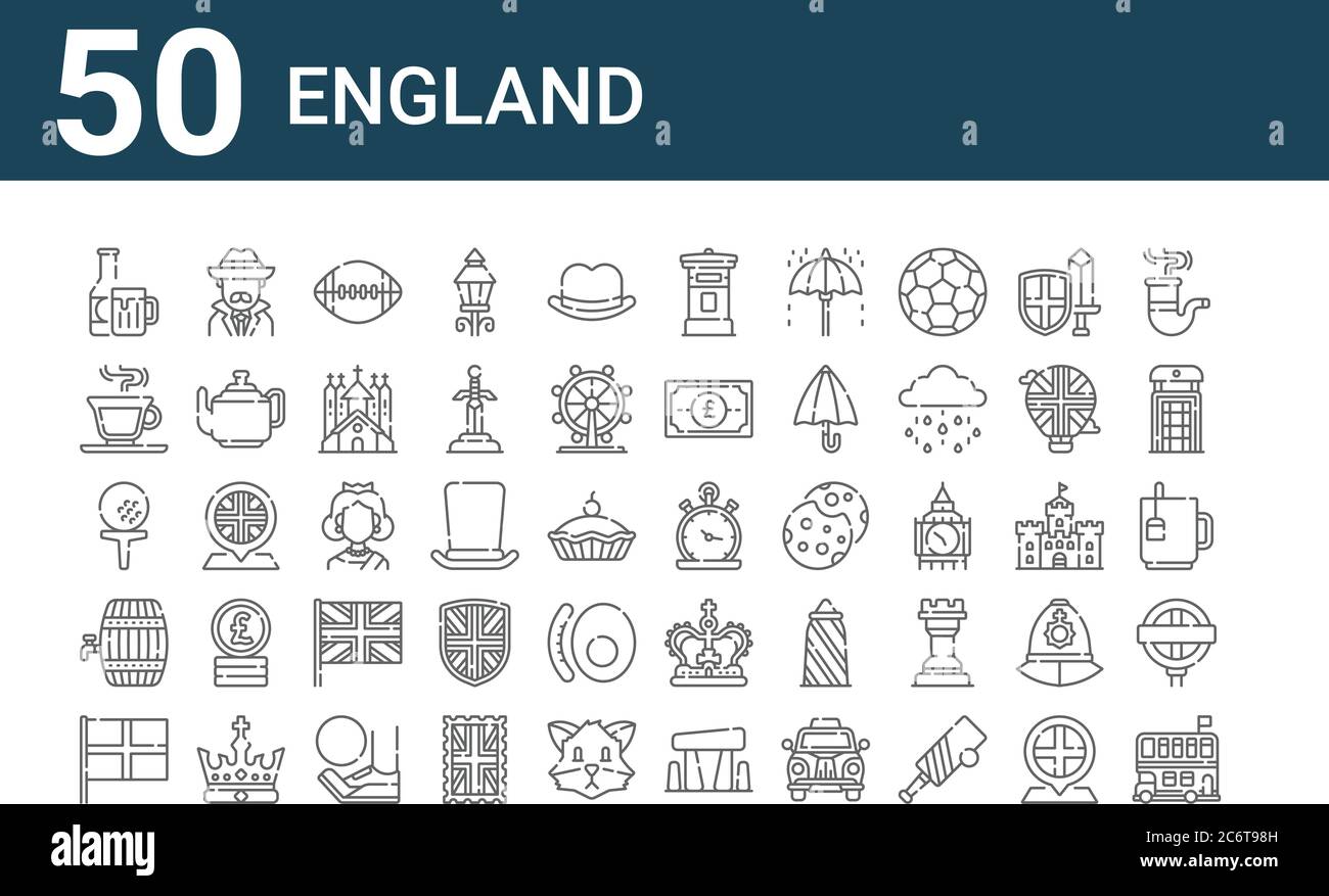 ensemble de 50 icônes de l'angleterre. contours des icônes fines telles que bus à impériale, angleterre, baril, golf, thé, détective, montre de poche Illustration de Vecteur