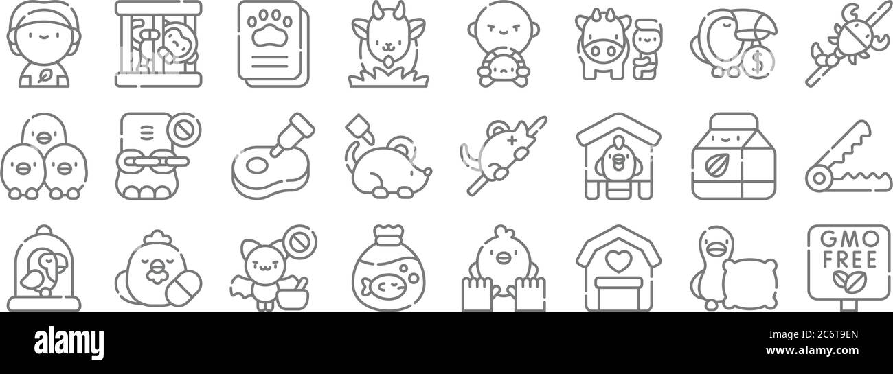 icônes de la ligne de bien-être des animaux. set linéaire. ensemble de lignes de vecteur de qualité telles que ogm, ferme, trafic d'animaux, cage d'oiseaux, lait d'amande, viande, scorpion, faune Illustration de Vecteur