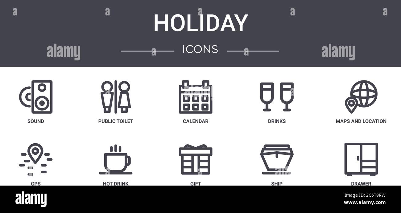 ensemble d'icônes de ligne de concept de vacances. contient des icônes utilisables pour le web, le logo, l'interface utilisateur/ux tels que les toilettes publiques, les boissons, le gps, le cadeau, le navire, le tiroir, les cartes et l'emplacement, Illustration de Vecteur