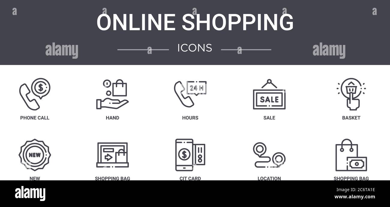 jeu d'icônes de ligne de concept d'achat en ligne. contient des icônes utilisables pour le web, le logo, l'interface utilisateur/ux tels que la main, la vente, le nouveau, carte de crédit, l'emplacement, le sac d'achat, le panier, Illustration de Vecteur