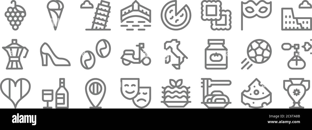 lignes d'italie. ensemble linéaire. lignes vectorielles de qualité telles que vase, spaghetti, masques de théâtre, italie, football, grains de café, coliseum, pizza, ice crea Illustration de Vecteur