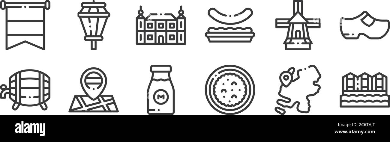 12 ensembles d'icônes de hollande linéaires. icônes de contour mince comme bloemenmarkt, beschuit met muisjes, cartes, moulin à vent, ba, lumières de rue pour le web, mobile Illustration de Vecteur