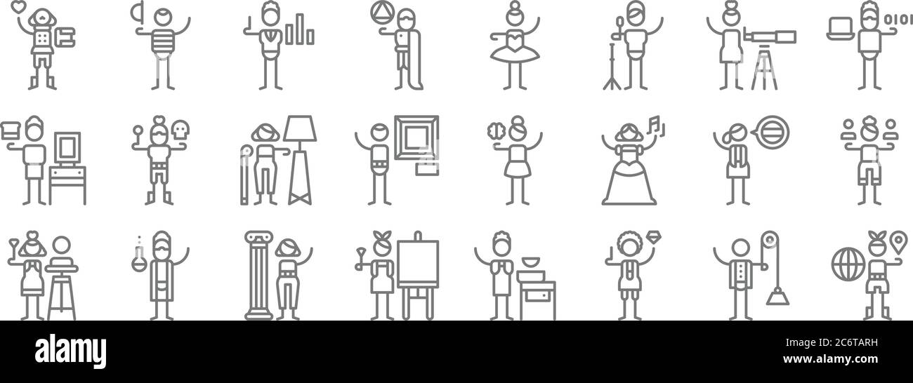 icônes de ligne d'art général. set linéaire. ensemble de ligne de vecteur de qualité comme la géographie, bijoux, peinture, sculpture, langues, intérieur de, informatique Illustration de Vecteur