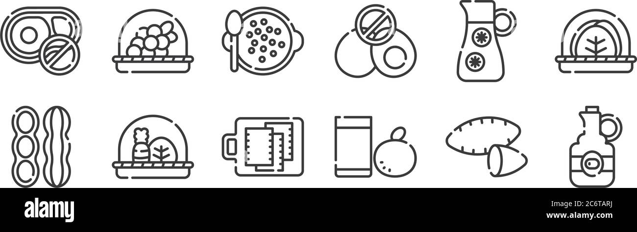 12 ensembles d'icônes alimentaires végétaliennes linéaires. icônes aux contours fins telles que l'huile d'olive, le jus d'orange, les légumes, le jus d'orange, les lentilles, les raisins pour le web, mobile Illustration de Vecteur
