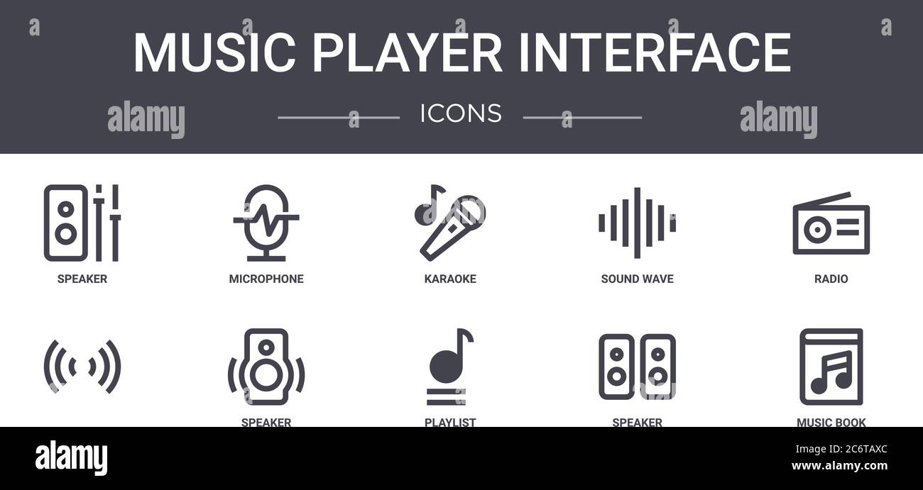 jeu d'icônes de ligne de concept d'interface de lecteur de musique. contient des icônes utilisables pour le web, le logo, l'interface utilisateur/ux telles que le microphone, la vague sonore, la liste de lecture, le haut-parleur, la musique b Illustration de Vecteur