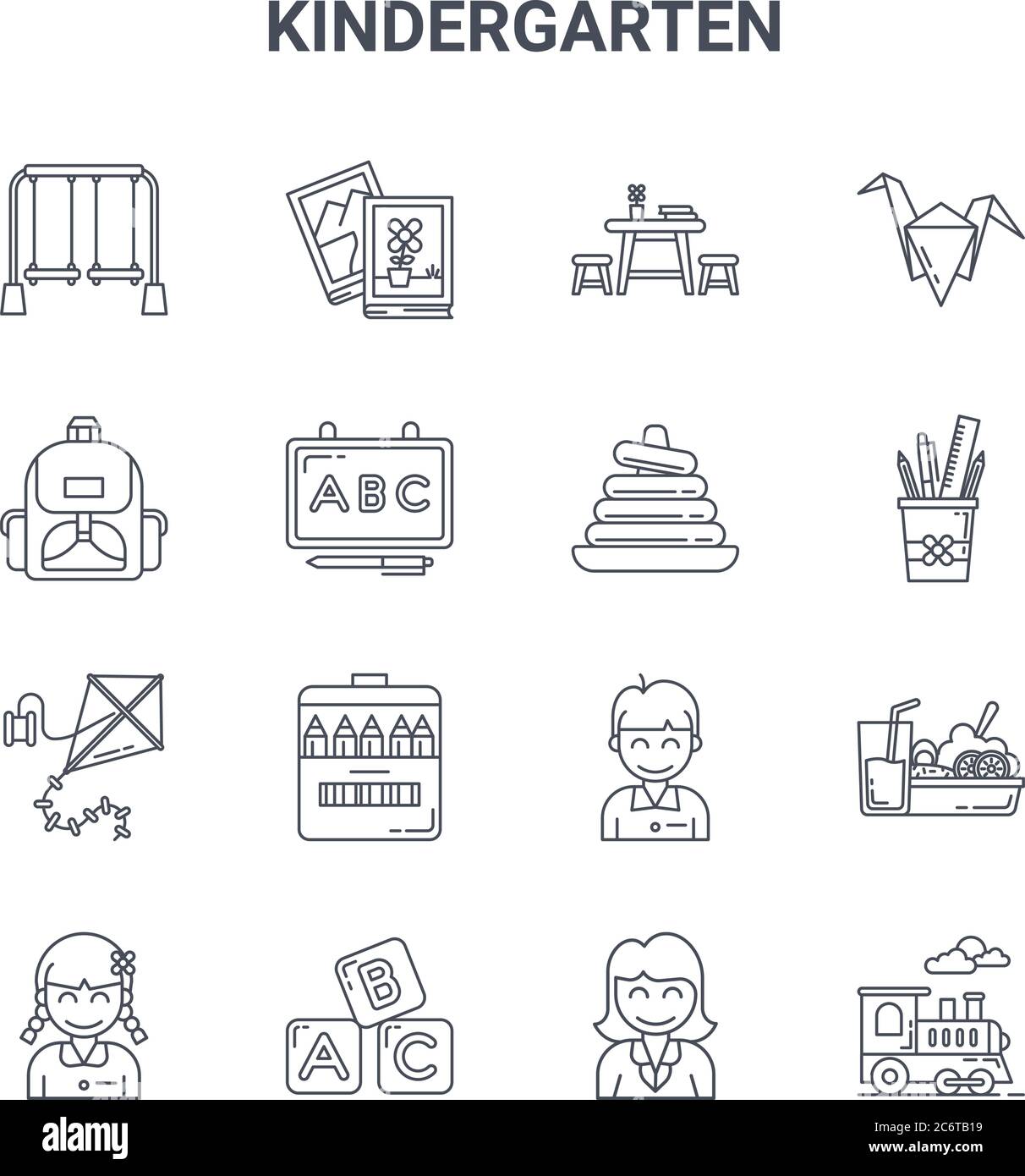 jeu de 16 icônes de lignes vectorielles de concept de jardin d'enfants. icônes 64x64 à trait fin telles que livre, sac d'école, étui à crayons, étudiant, blocs, train de jouets, enseignant, Illustration de Vecteur