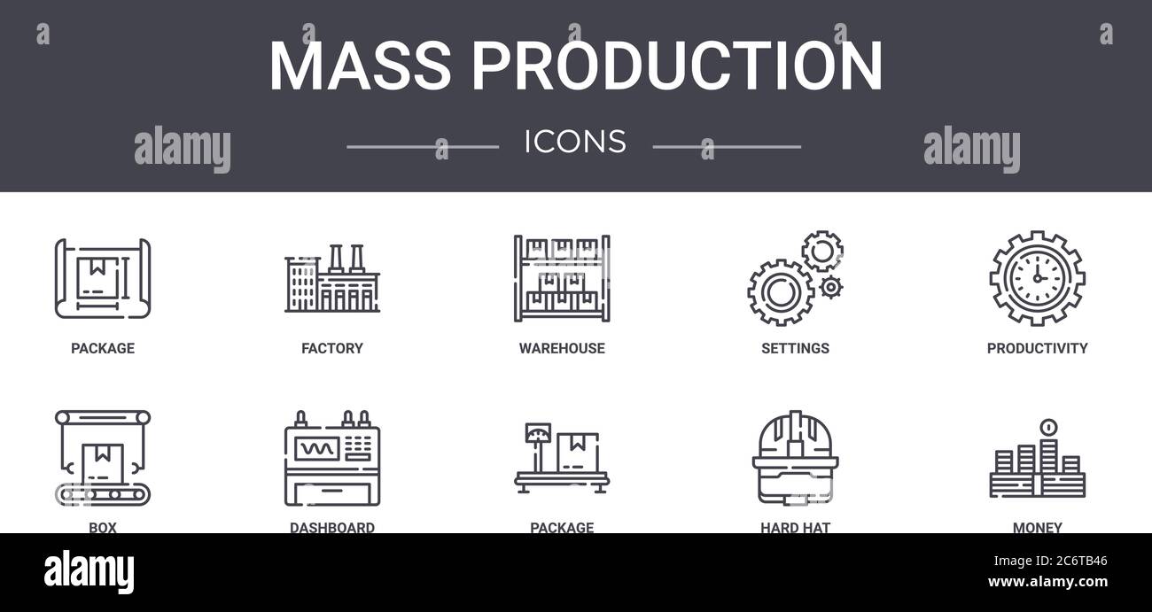 ensemble d'icônes de ligne de concept de production de masse. contient des icônes utilisables pour le web, le logo, l'interface utilisateur/ux tels que usine, paramètres, boîte, paquet, casque, argent, productiv Illustration de Vecteur