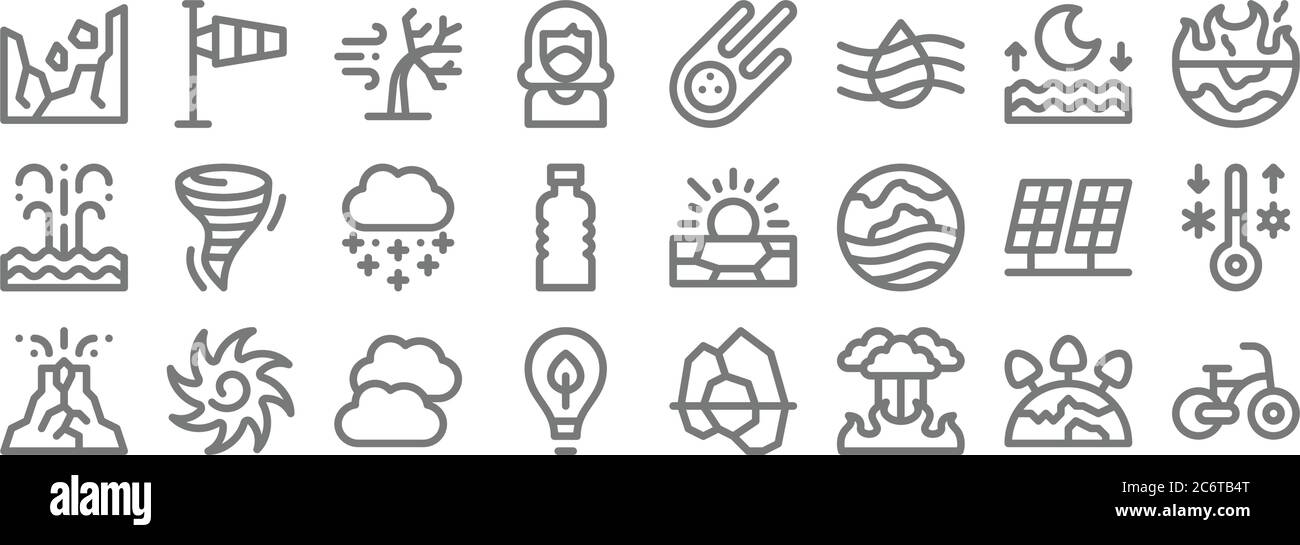 icônes de lignes de changement climatique. set linéaire. ensemble de lignes de vecteur de qualité telles que écologique, feu de forêt, écologie, volcan, panneaux solaires, neige, réchauffement climatique, m Illustration de Vecteur