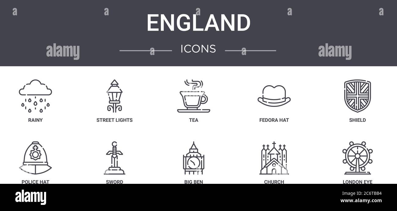 ensemble d'icônes de la ligne de concept d'angleterre. contient des icônes utilisables pour le web, le logo, l'interface utilisateur/ux tels que les lumières de rue, chapeau fedora, chapeau de police, big ben, église, london eye, Illustration de Vecteur