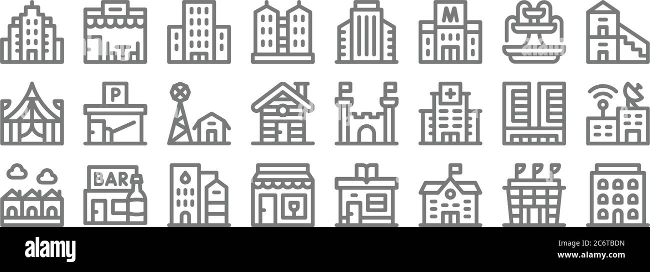 icônes de ligne de construction urbaine. set linéaire. ensemble de ligne vecteur de qualité comme bloc, école, café, maisons, immeuble de bureau, ferme, duplex, immeuble de bureau, re Illustration de Vecteur
