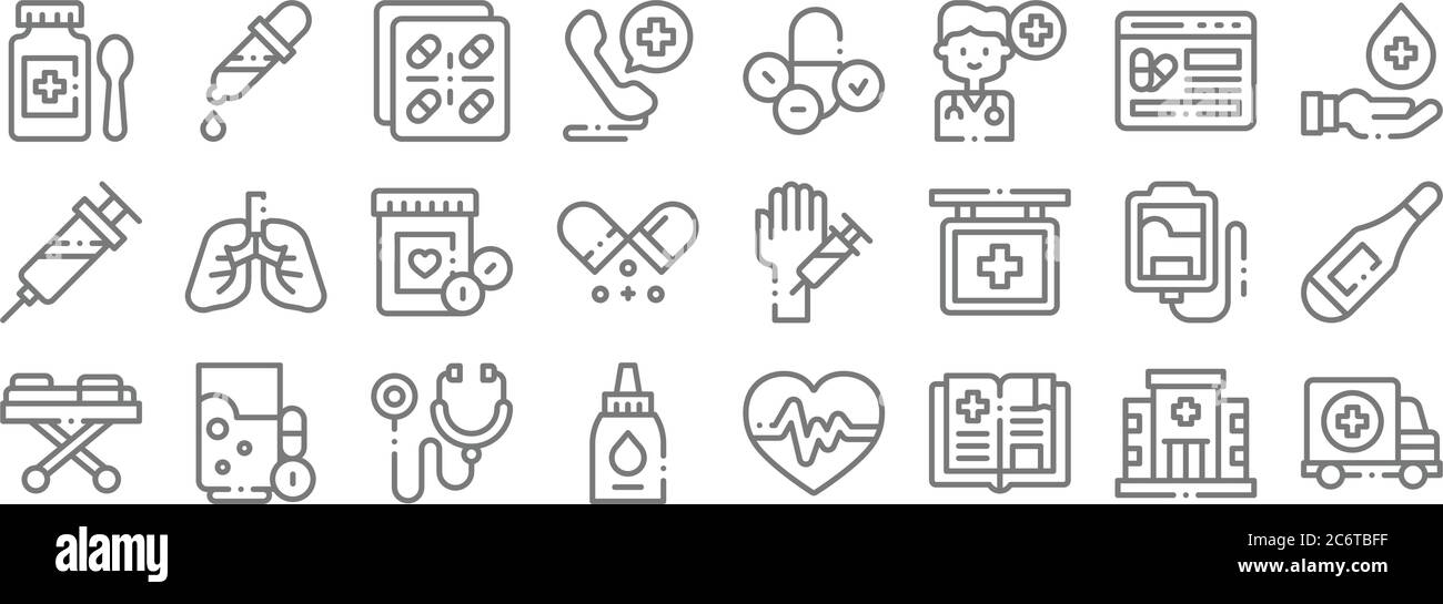 icônes de ligne de médecine. set linéaire. ensemble de ligne de vecteur de qualité comme ambulance, livre médical, dropper, civière médicale, sac de sang, médicament, main, pilules Illustration de Vecteur