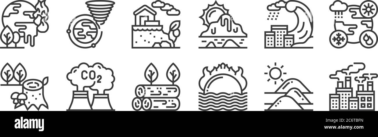 12 ensemble d'icônes linéaires de changement climatique. icônes de contour mince telles que la pollution de l'air, avertissement, dioxyde de carbone, tsunami, glissement de terrain, tempêtes pour le web, mobile Illustration de Vecteur