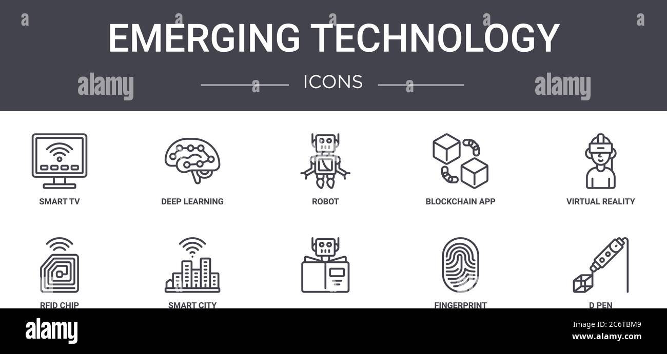jeu d'icônes de la ligne de concept de technologie émergente. contient des icônes utilisables pour le web, le logo, l'interface utilisateur/ux, comme l'apprentissage en profondeur, l'application blockchain, la puce rfid, , l'empreinte digitale Illustration de Vecteur