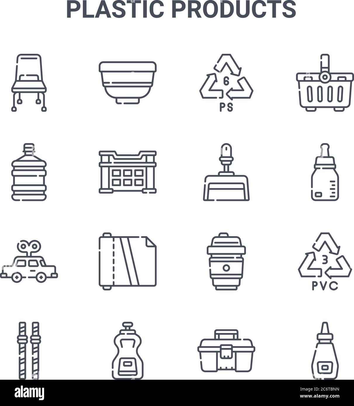 ensemble de 16 icônes de lignes vectorielles de concept de produits en plastique. icônes 64x64 à trait fin telles que bol, distributeur d'eau, bouteille de bébé, tasse de café, sauce, mayonnaise Illustration de Vecteur