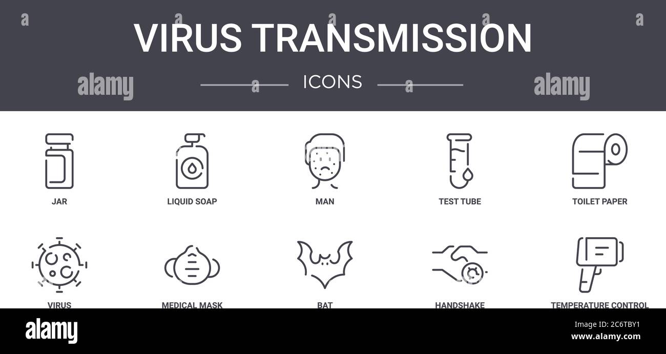 jeu d'icônes de ligne de concept de transmission de virus. contient des icônes utilisables pour le web, le logo, l'interface utilisateur/ux tels que le savon liquide, tube à essai, virus, bat, handshake, temperatu Illustration de Vecteur