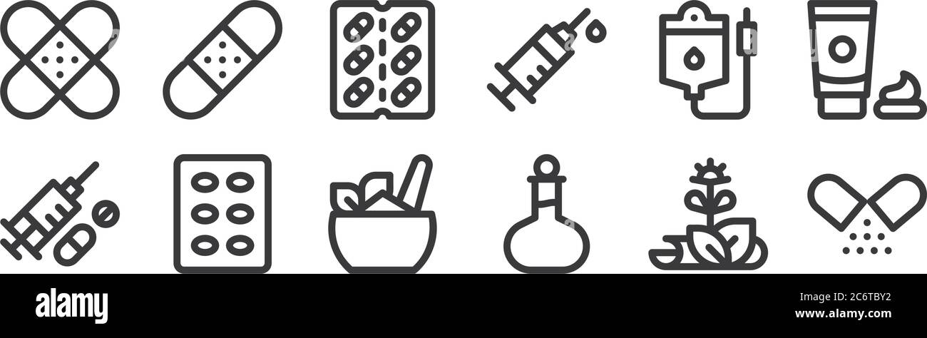 12 ensemble d'icônes de médecine linéaire. icônes de contour mince telles que probiotique, huile, pilules, transfusion, capsules, aide de bande pour le web, mobile Illustration de Vecteur