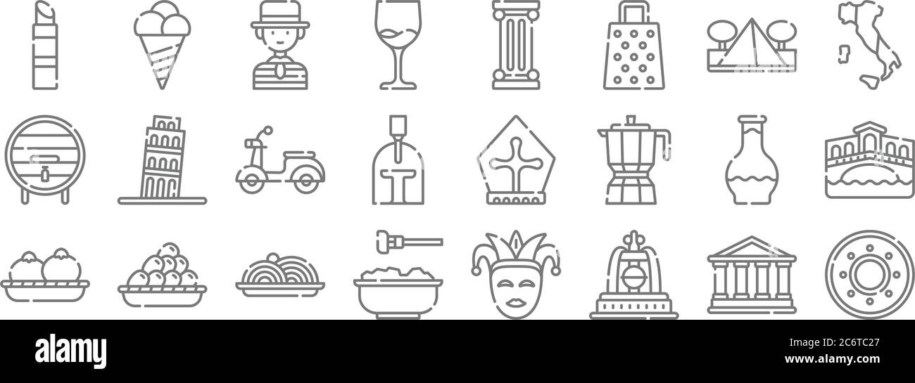 lignes d'italie. ensemble linéaire. lignes vectorielles de qualité telles que bouclier, fontaine, pâtes, tomate, verre, scooter, italie, pilier, crème glacée Illustration de Vecteur