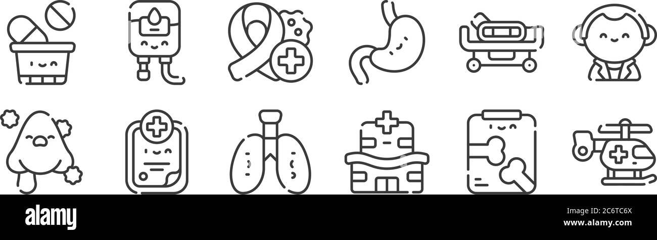 12 icônes linéaires de services médicaux. icônes de contour mince telles que hélicoptère, hôpital, antécédents médicaux, lit d'hôpital, oncologie, transfusion pour le web Illustration de Vecteur