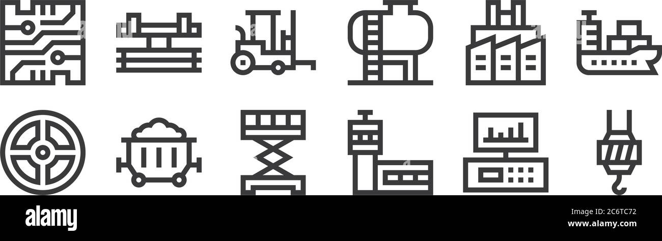 12 icônes de processus industriel linéaire. icônes de contour mince telles que crochet, tour de commande, charbon, usine, chariot élévateur, grue pour toile, mobile Illustration de Vecteur