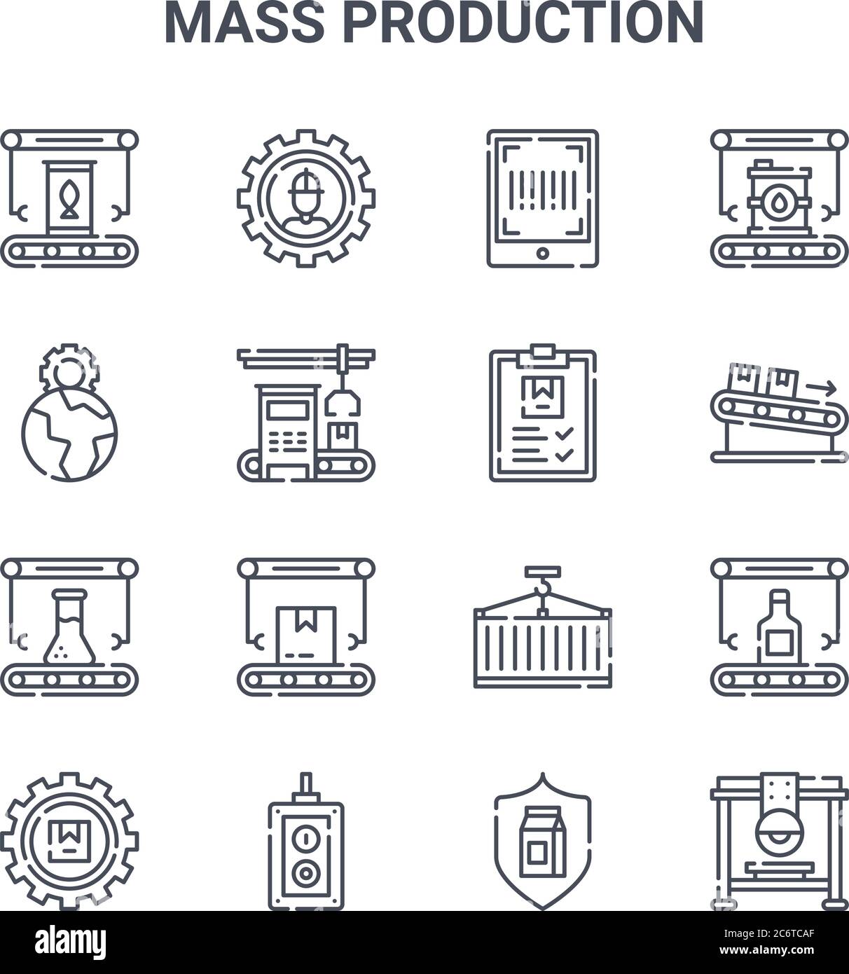 jeu de 16 icônes de lignes vectorielles de concept de production de masse. icônes de trait fin 64x64 telles que worker, world, packages, container, télécommande, bridge saw, q Illustration de Vecteur