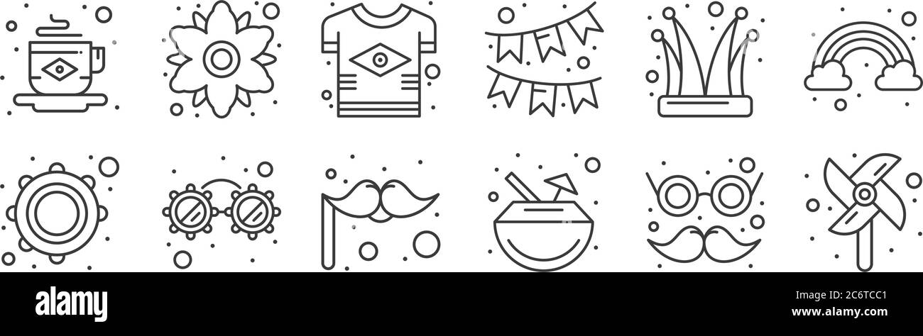 12 ensembles d'icônes linéaires de carnaval brésilien. icônes à contour fin comme le moulin à vent, noix de coco, verres, buffle, t-shirt, camomille pour le web, mobile Illustration de Vecteur