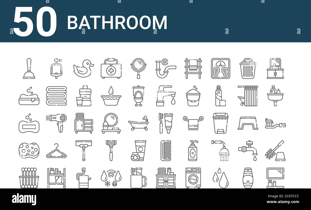 ensemble de 50 icônes de salle de bains. contour des icônes de ligne mince comme miroir, coton-tiges, éponge, savon, savon, urinoir, soins dentaires Illustration de Vecteur