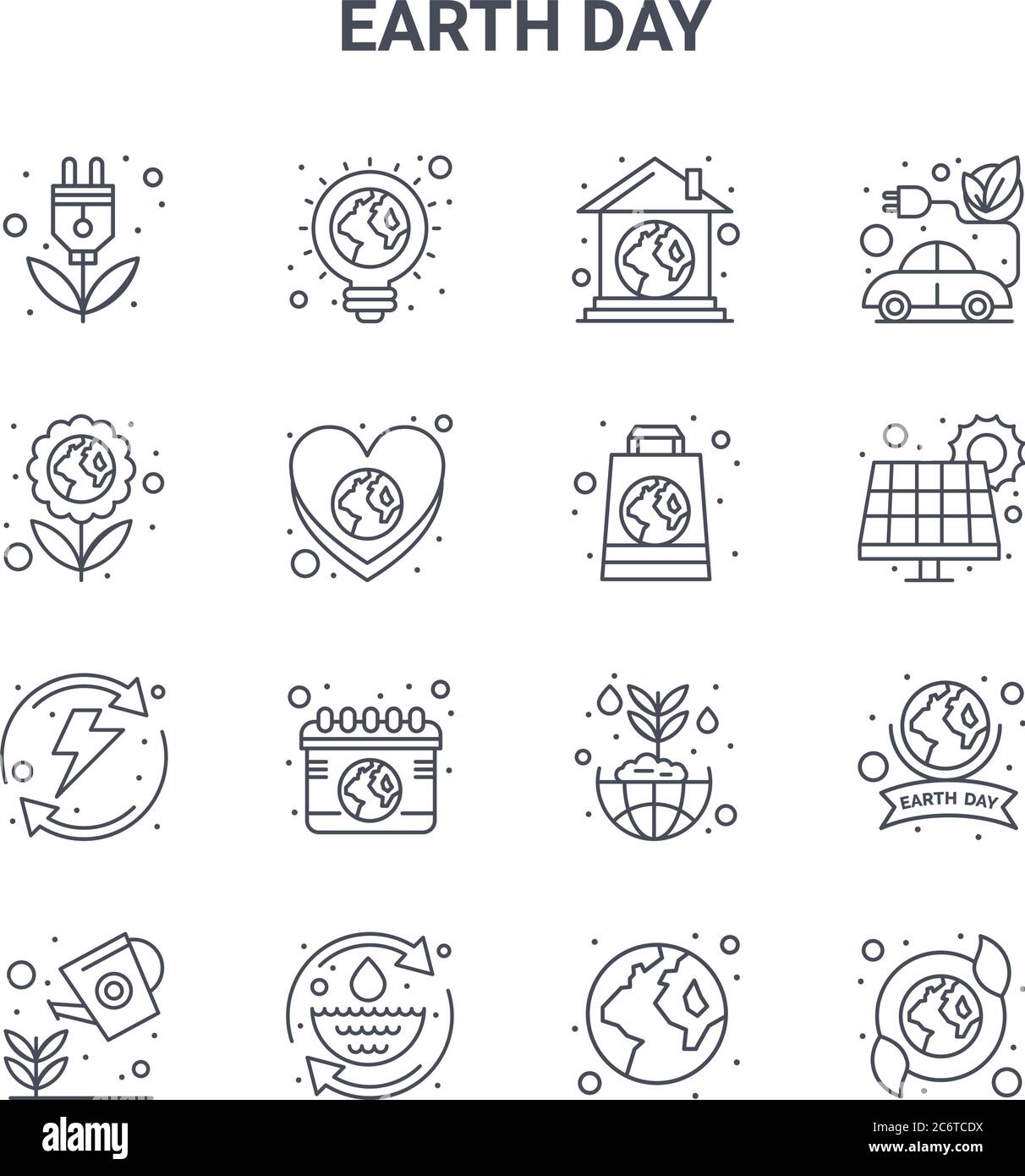 jeu de 16 icônes de ligne vectorielle concept jour de la terre. icônes 64x64 à trait fin telles que l'ampoule écologique, la fleur, l'énergie solaire, l'écosystème, économiser l'eau, la nature Illustration de Vecteur