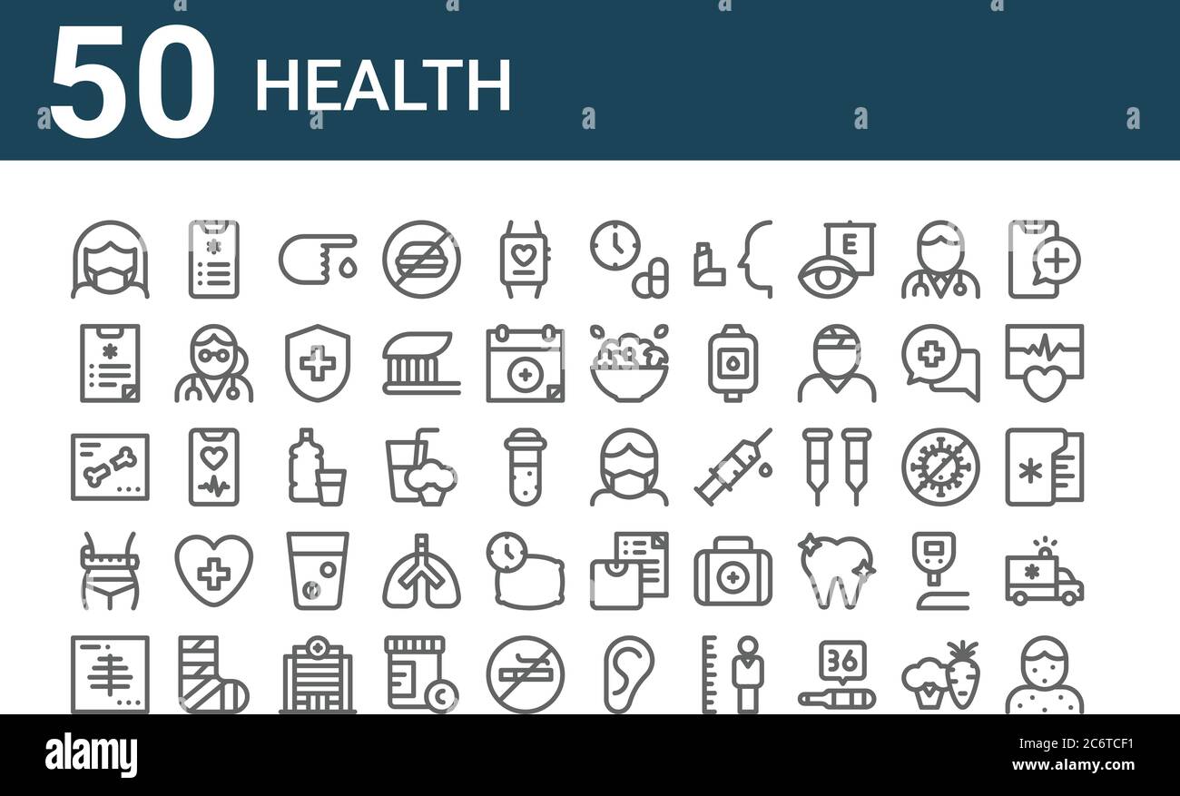 ensemble de 50 icônes de santé. contour des icônes de ligne mince telles que l'allergie, les rayons x, la taille, les rayons x, rapport médical, santé, masque médical Illustration de Vecteur