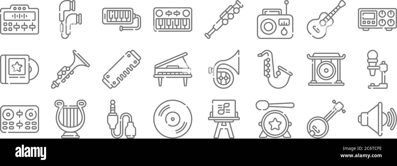 icônes de ligne musicale. set linéaire. jeu de lignes vectorielles de qualité telles que le son, le tambour, le vynil, le contrôleur dj, le gong, l'harmonica, l'amplificateur, la flûte, les écouteurs Illustration de Vecteur