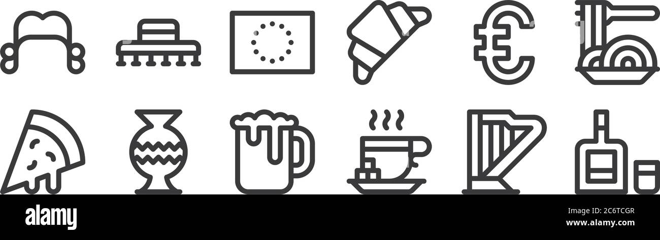 12 ensembles d'icônes linéaires d'europe. icônes de contour mince telles que whisky, tasse de thé, vase, euro, union européenne, chapeau espagnol pour le web, mobile Illustration de Vecteur