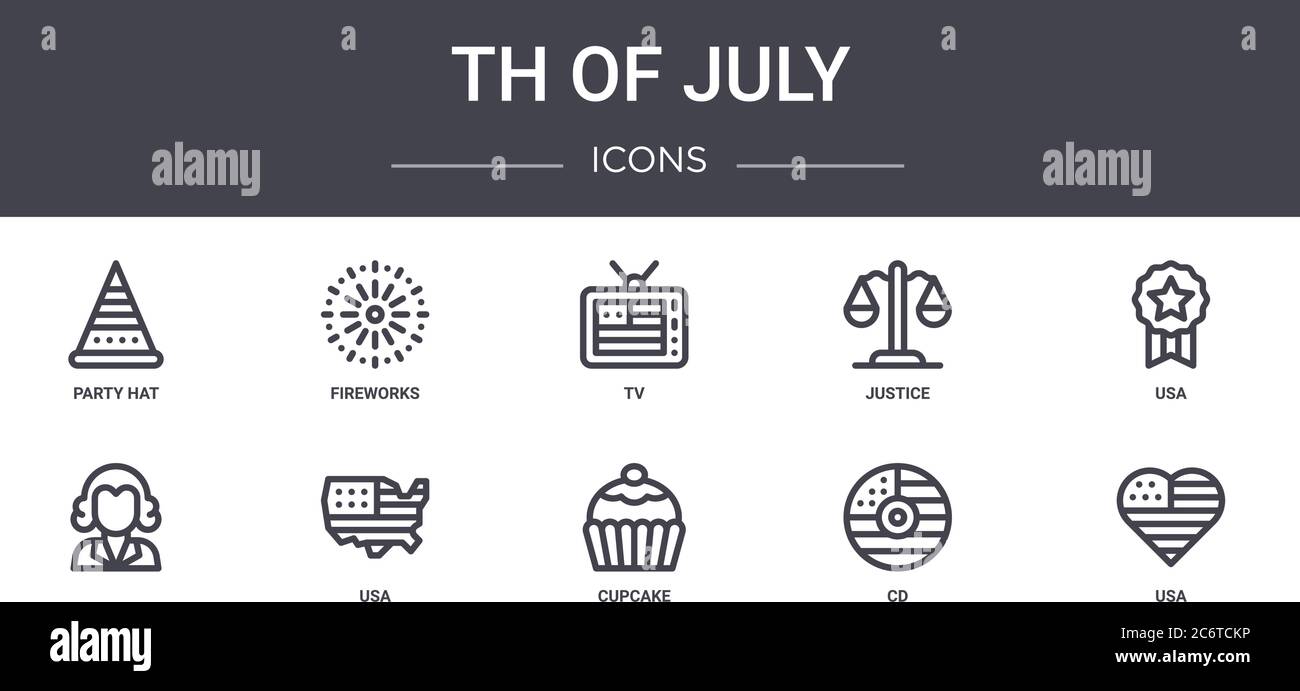 ensemble d'icônes de la ligne concept du mois de juillet. contient des icônes utilisables pour le web, le logo, ui/ux tels que feux d'artifice, justice, , cupcake, cd, usa, usa, tv Illustration de Vecteur