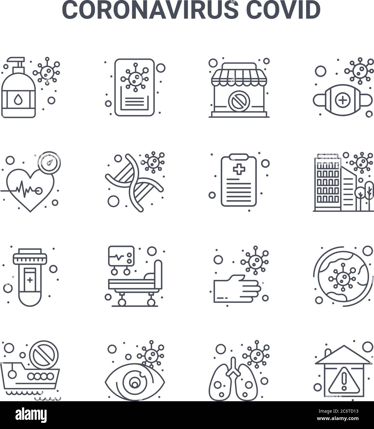 ensemble de 16 icônes de vecteur de concept covid de coronavirus. icônes de traits fins 64x64 telles que les actualités, les battements cardiaques, coronavirus, sale, infecté, quarantaine, in Illustration de Vecteur