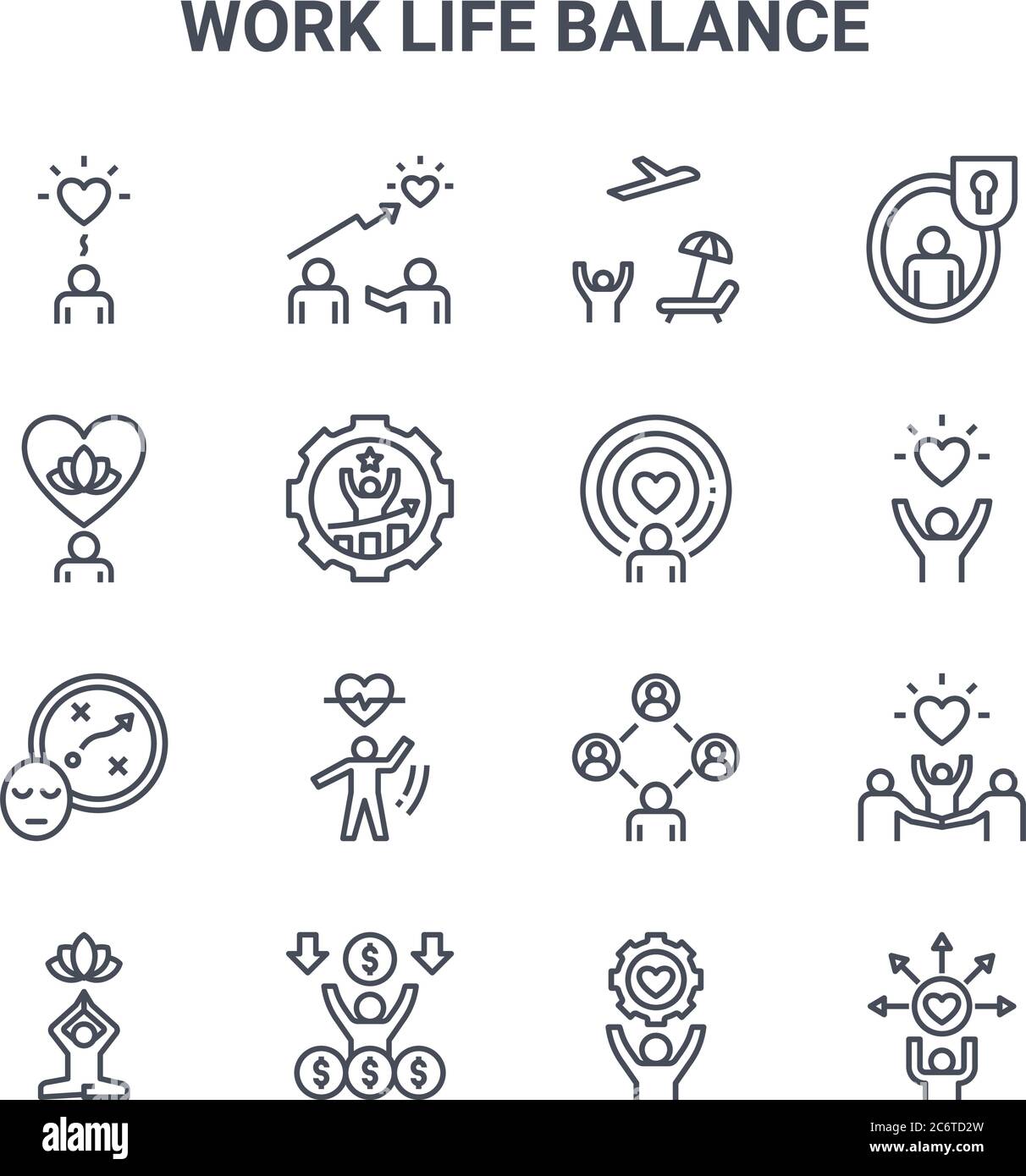 ensemble de 16 icônes de ligne vectorielle de concept d'équilibre de vie professionnelle. icônes 64x64 de traits fins telles que l'entraînement, mental, qualité de vie, communauté, riche, responsable Illustration de Vecteur