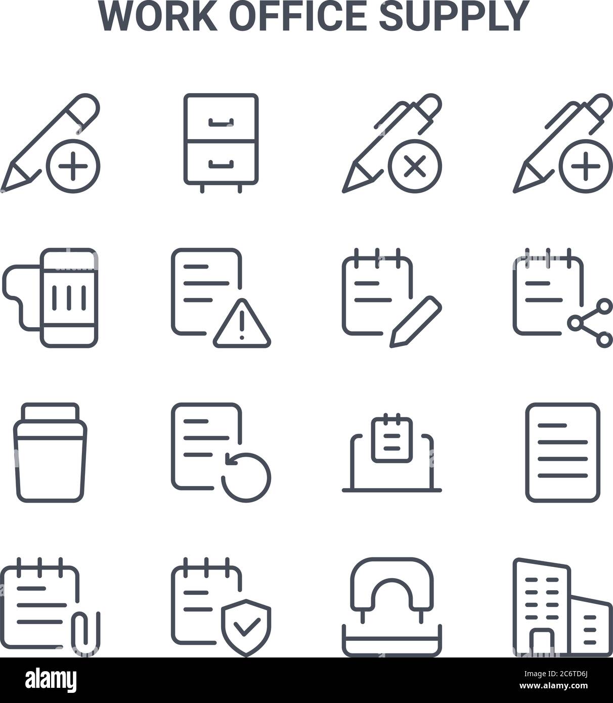 jeu de 16 icônes de lignes vectorielles de concept de fournitures de bureau de travail. icônes 64x64 à contour fin telles que tiroir de cabinet, mug, partager, ordinateur portable, sécurisé, professionnel et commercial Illustration de Vecteur