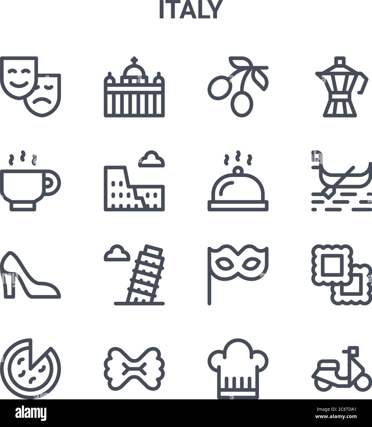 ensemble de 16 icônes de lignes vectorielles italie concept. icônes 64x64 à trait fin telles que la cité du vatican, tasse de café, gondole, masque de carnaval, pâtes, scooter, chapeau de chef, Illustration de Vecteur