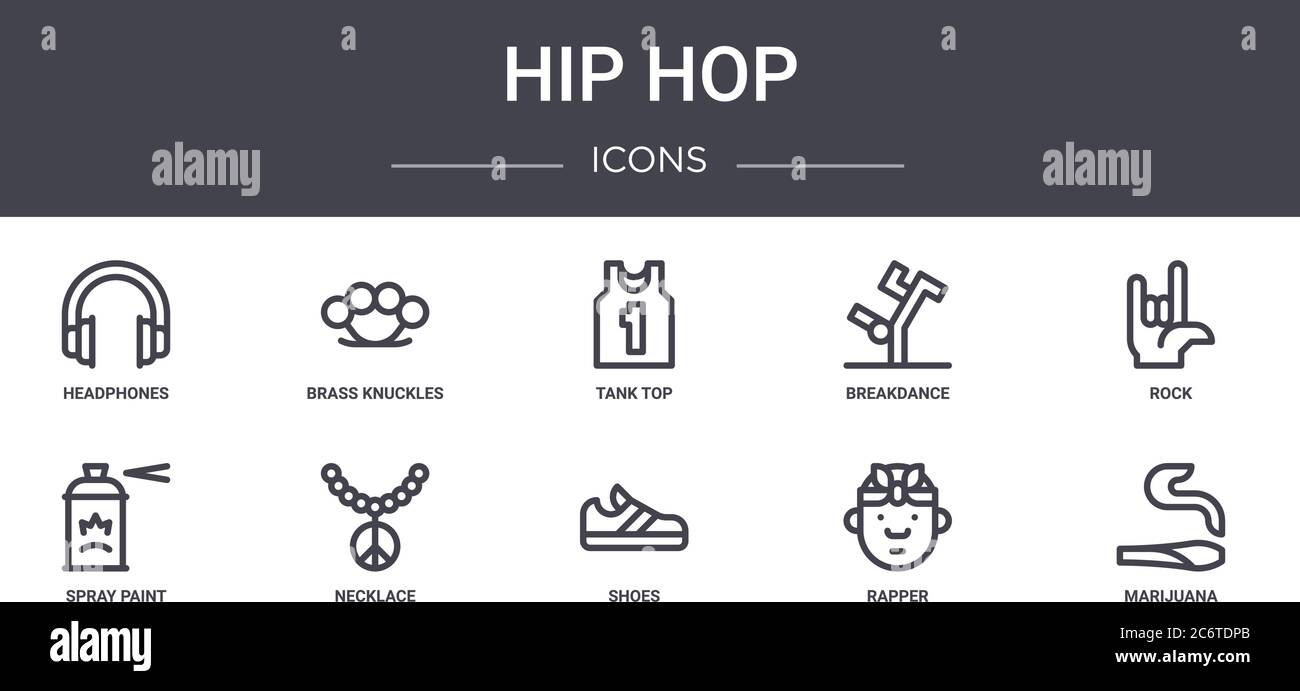 ensemble d'icônes de ligne de concept hip hop. contient des icônes utilisables pour le web, le logo, l'interface utilisateur/ux tels que les porte-fusées en laiton, la brise-lames, la peinture en spray, les chaussures, le rappeur, la marijuana, Illustration de Vecteur