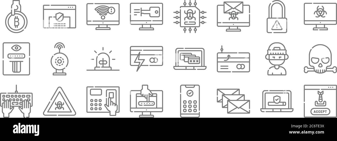 icônes de ligne de pirate. set linéaire. ensemble de ligne de vecteur de qualité tel que malware, spam, mot de passe, hacker, hacker, alarme, virus, vol de données, bouclier Illustration de Vecteur