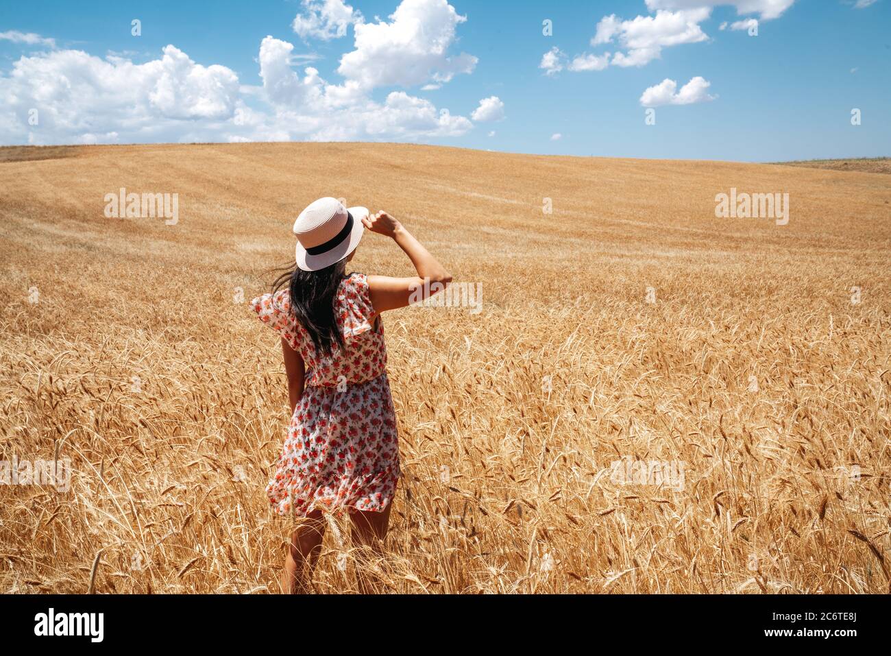 Belle femme est à la recherche du champ de la lande avec ciel bleu et fond de nuages. Agriculture et concept rural. Photo de haute qualité Banque D'Images